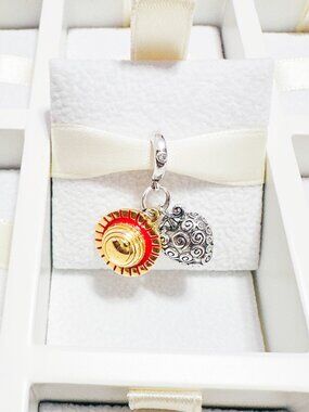 925 Sterling Silver One Piece Luffy Hat And Burning Fruit Dangle Charm